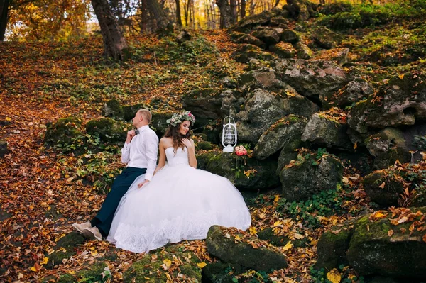 Novomanželé chůze v podzimním lese — Stock fotografie