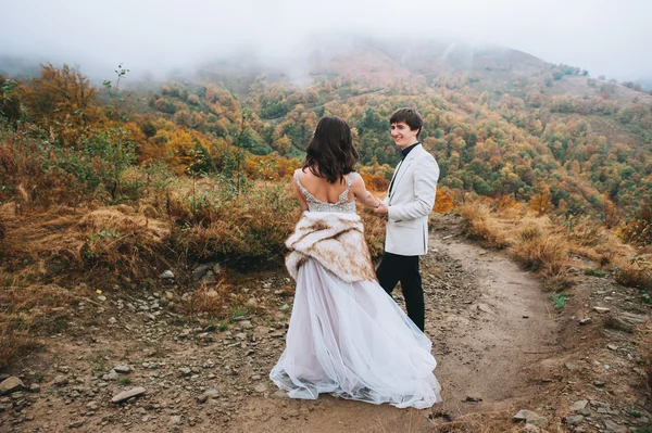 Novomanželé na procházce v horách — Stock fotografie