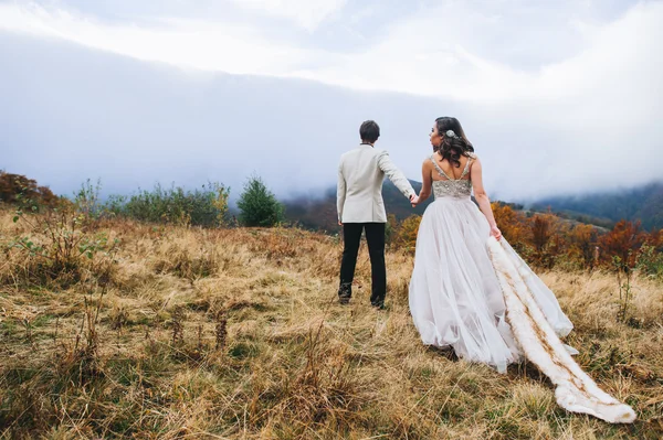 Newlyweds on a walk in mountains — Stock Photo, Image