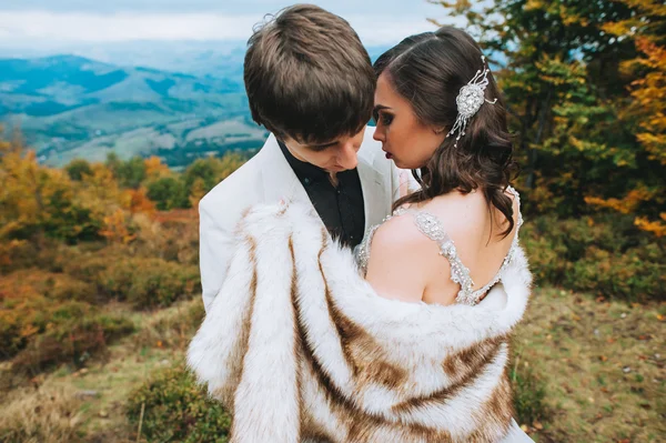 Recién casados en un paseo por las montañas —  Fotos de Stock