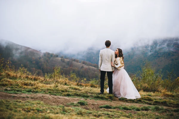 Recém-casados em um passeio nas montanhas — Fotografia de Stock