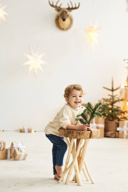 Yakışıklı kıvırcık çocuk Noel ağacını beyaz bir odada süsledi.