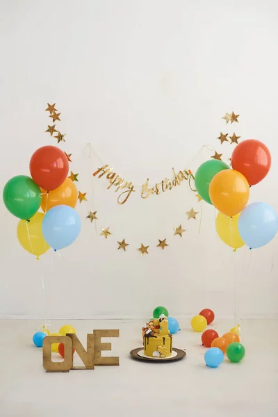 Photo zone with paper garlands, balloons. Photo zone for birthday party