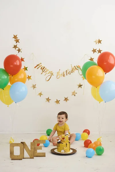 Portret van schattige schattige blanke jongen vieren zijn eerste verjaardag met taart en ballonnen — Stockfoto