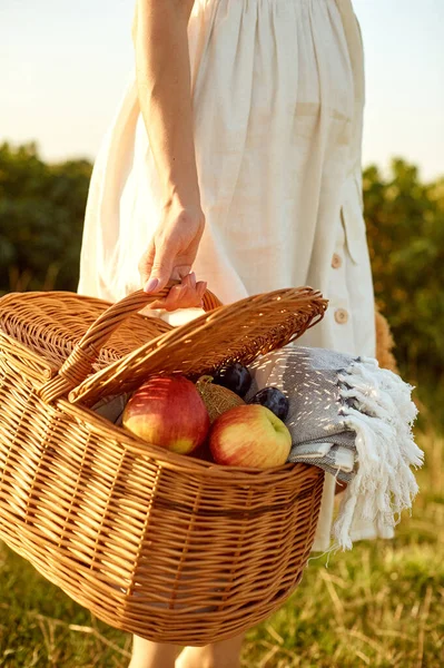 Cesto di frutta in vimini nelle mani di una donna. — Foto Stock
