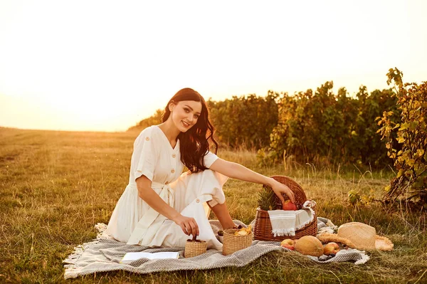 日光の下でフィールドでのピクニックの女の子背景. — ストック写真