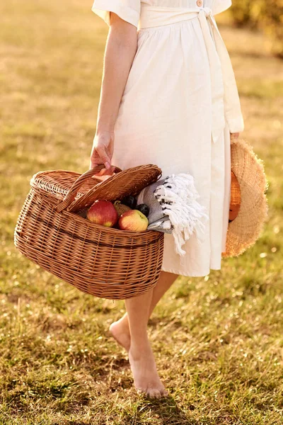 Meisje staat midden in het veld met een mand in haar handen. — Stockfoto