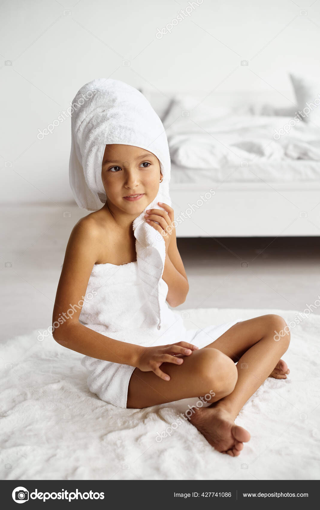 kids girl shower Morning Routine Little Girl Wrapped White Towel Shower Sits Carpet — Stock  Photo © Photo_life #427741086