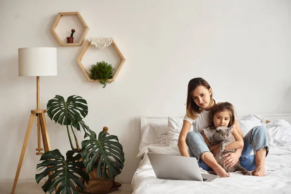 Anne bilgisayar başında çalışırken kız anne ve kediyle oynuyor.