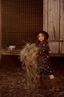 Küçük bir kız hayvanlarla çiftlikte olmaktan hoşlanıyor..