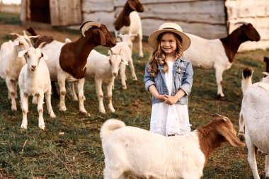 Küçük bir kız hayvanlarla çiftlikte olmaktan hoşlanıyor..