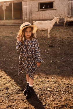 Küçük bir kız hayvanlarla çiftlikte olmaktan hoşlanıyor..