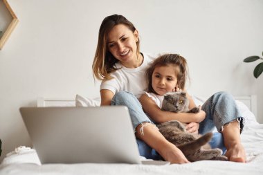 Anne bilgisayar başında çalışırken kız anne ve kediyle oynuyor.