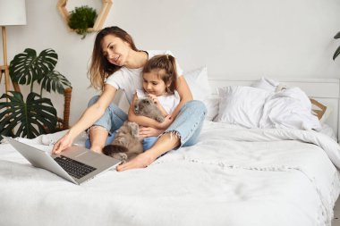 Anne bilgisayar başında çalışırken kız anne ve kediyle oynuyor.