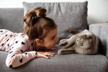 Kız kanepede uzanıyor ve kediyle oynuyor.