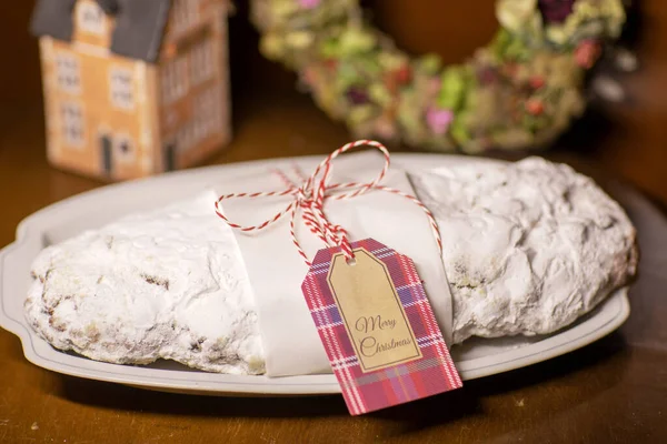 Traditional German cake with raisins Dresdner stollen — Stock Photo, Image