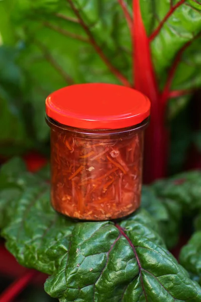 Borscht in a jar. Fresh borscht soup in a glass jar. Fast food — Stock Photo, Image