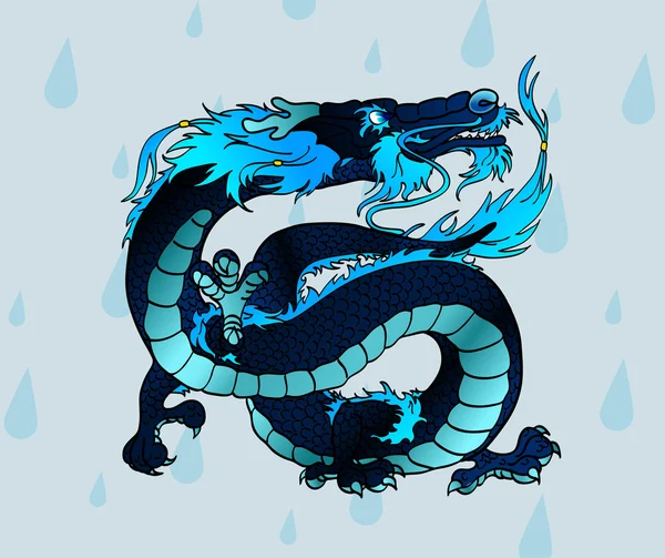 Preto-azul Asiático dragão de água contra gotas — Vetor de Stock