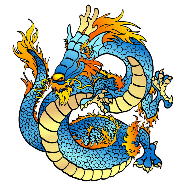 Веселый голубой азиатский дракон на белом
