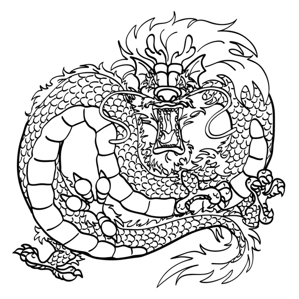 Яростный азиатский дракон черный контур на белом — стоковый вектор