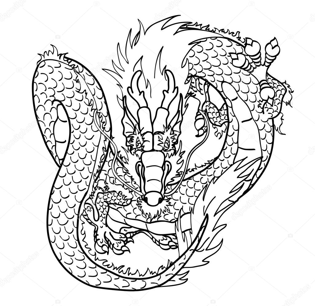 Fliegende Kontur der asiatischen Drachen schwarz auf weiß ... Fliegende Kontur der asiatischen Drachen schwarz auf weiß ...