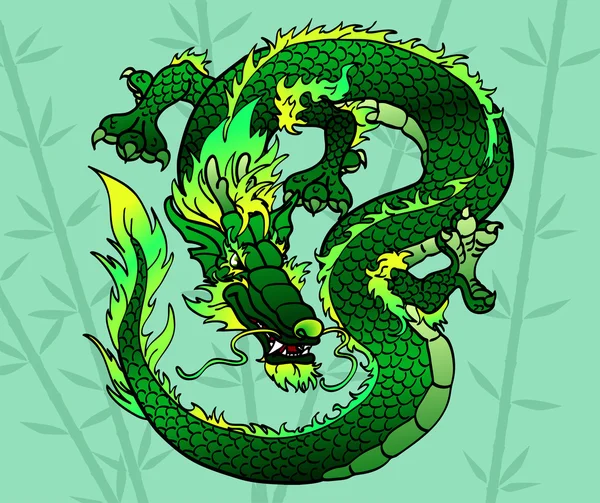 Deslumbrante dragão asiático verde em bambu — Vetor de Stock