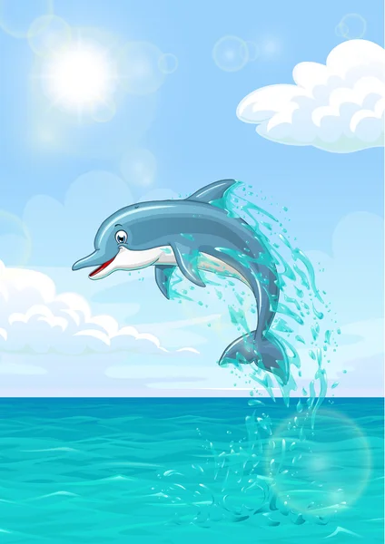 Delfín lindo en el mar de verano — Vector de stock