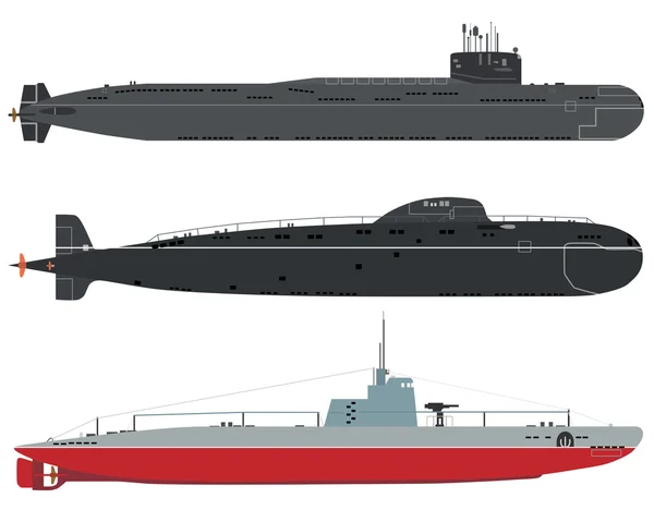 Set van geïsoleerde militaire onderzeeërs van oude en nieuwe op een witte achtergrond. Vectorillustratie — Stockvector