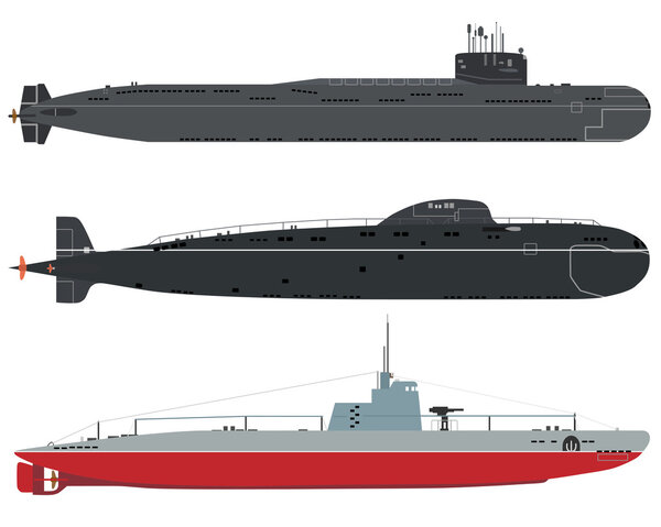Set of isolated military submarines of old and new on a white background. Vector illustration
