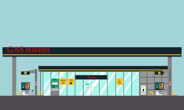 View of the building of gas stations with a shop and ATM. Vector illustration