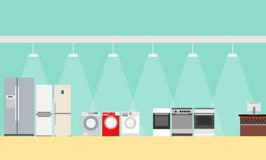 Mağaza nın iç görünümünde bir poster büyük ev aletleri. Vektör çizimi