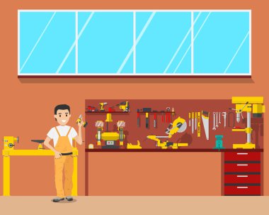 View of the interior of the workplace carpenter in a workshop. Woodworking and carpentry, construction tools. Vector illustration clipart
