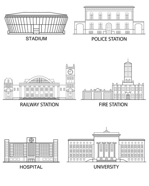 Тонкая линия плоская конструкция. Набор изолированных исторических и современных зданий на белом фоне в линейном стиле. Векторная иллюстрация
