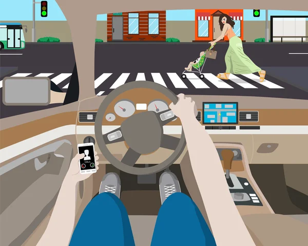 O motorista estava distraído com o telefone tocando e notou uma mulher com um carrinho na estrada. Ilustração vetorial — Vetor de Stock