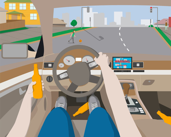Drunk man rides behind the wheel of a car navigation device and does not have time to notice the baby on the road. Vector illustration