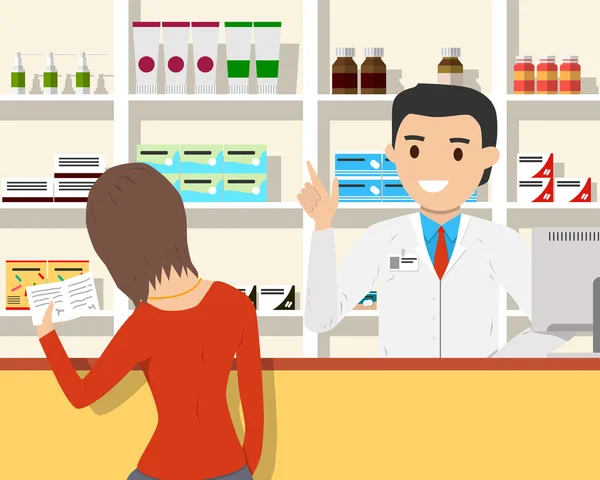 Mulher compra remédios em farmácia mediante receita médica. Ilustração vetorial — Vetor de Stock