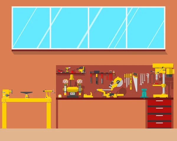 Vista del interior del carpintero de trabajo en un taller. Trabajos de madera y carpintería, herramientas de construcción. Ilustración vectorial — Vector de stock