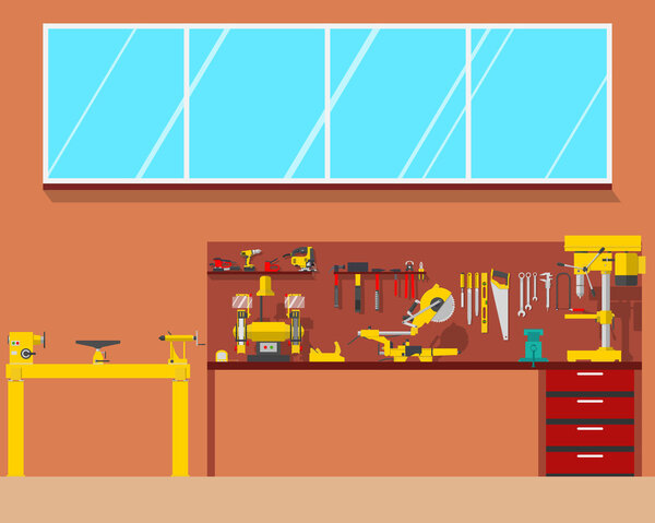 View of the interior of the workplace carpenter in a workshop. Woodworking and carpentry, construction tools. Vector illustration