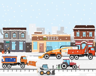 Heavy Equipment cleans the road in the storm of snow in the city. Snow removers. Road works. Vector illustration clipart