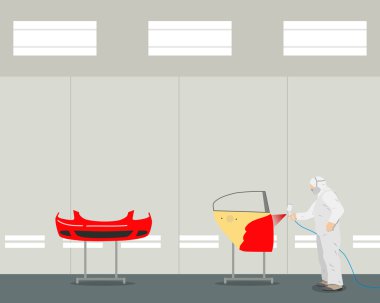 Inside of the operating room for interior painting of cars and parts. Diagnosis and repair of the vehicle. Vector illustration clipart
