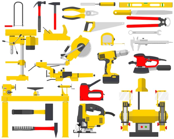 Bovenaanzicht van een geïsoleerde set van gereedschappen voor de reparatie van een timmerman op een witte achtergrond. Houtbewerking en timmerwerk, bouw gereedschappen. Vector illustratie — Stockvector