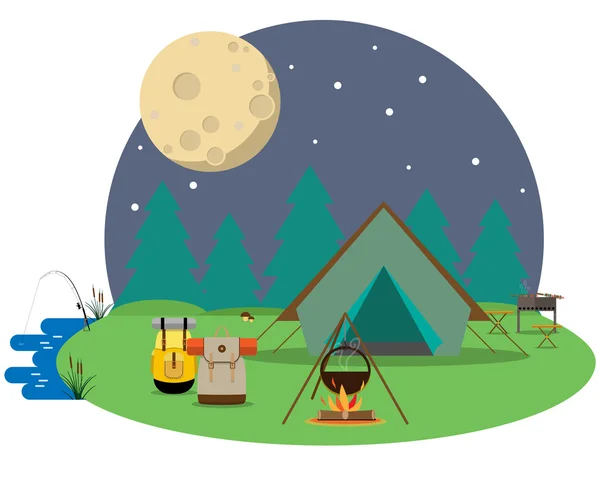 Tourists camped the night in the woods. Vector illustration — Stock Vector
