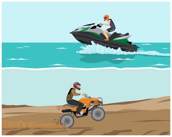 Der Mann treibt Extremsport. Quad und Wasserfahrzeuge. Vektorillustration — Stockvektor