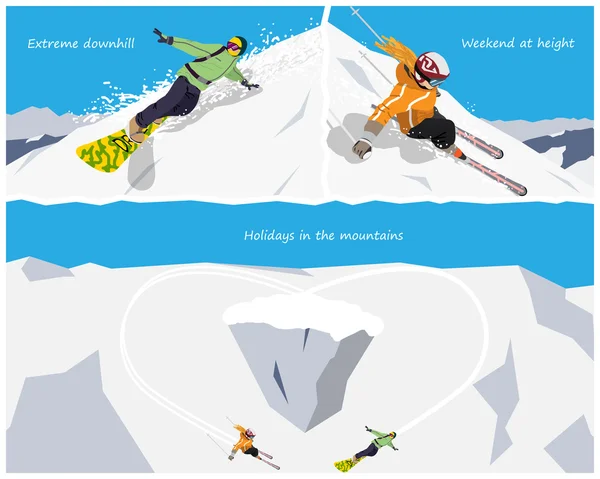 Ekstrem kış turizmi kayak ve snowboard. Dağlarda Rekreasyon ve Spor. Vektör çizimi