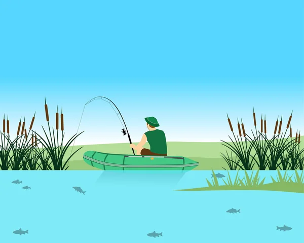 Ο ψαράς πιάνει ένα ψάρι στη λίμνη στο στριφογύρισμα. Απεικόνιση διανυσματικών φορέων — Διανυσματικό Αρχείο