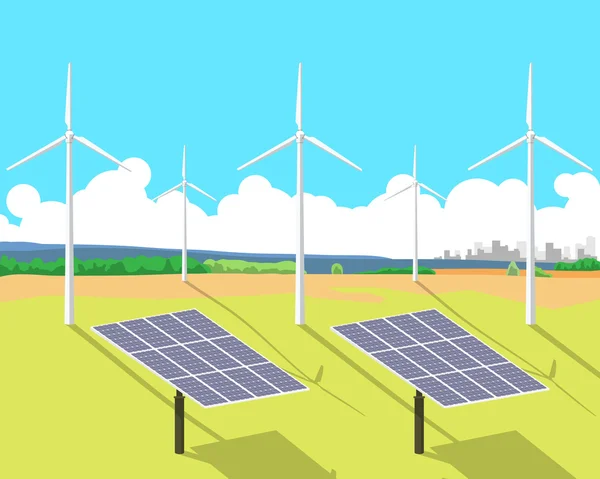 Zicht op zonnepanelen en windturbines die in een veld tegen de lucht en de stad aan de horizon staan. Vector illustratie — Stockvector