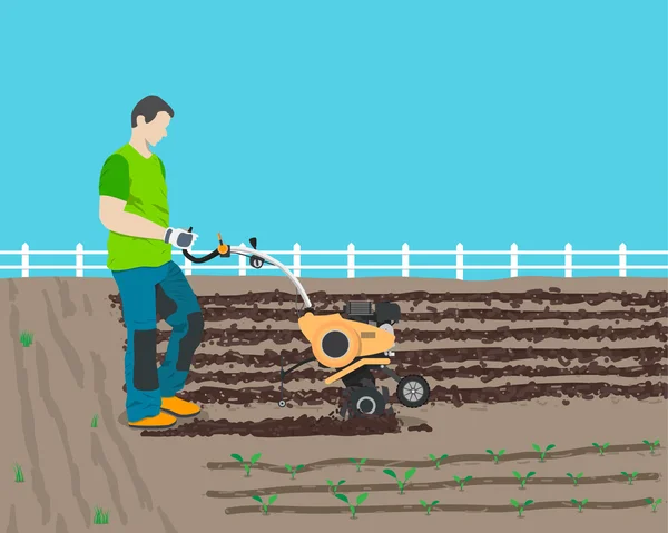 Homem arado o campo no país um novo cultivador para plantar colheita. Ilustração vetorial — Vetor de Stock