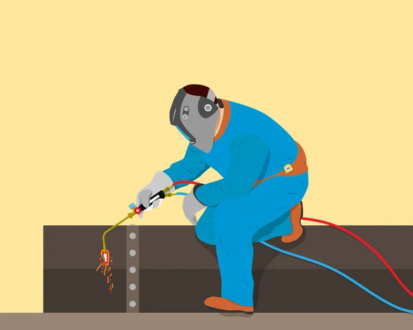 Saldatore taglia un pezzo di tubo di ferro del bruciatore a gas. Illustrazione vettoriale — Vettoriale Stock