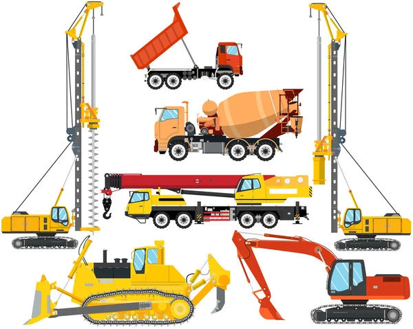 Definir o isolamento de equipamentos pesados para construção e reparação em um fundo branco. Construção e obras rodoviárias. Ilustração vetorial —  Vetores de Stock