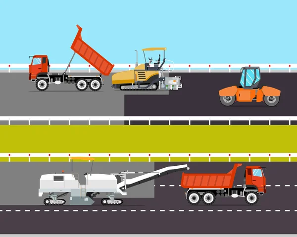 La maquinaria pesada está involucrada en la construcción de la carretera. Trabajo de carretera. Ilustración vectorial — Vector de stock